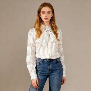 NWOT SEE BY CHLOÉ Embroidery Floral Tie-Neck Stripe Blouse Sz 40/8 Long Sleeves